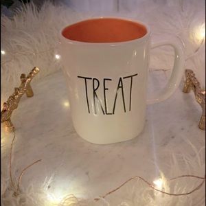 Rae Dunn 2016 Treat & Trick Double Sided Cream and Orange Mug